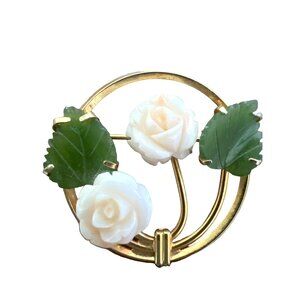 Vintage Van Dell Bojar Style Floral Brooch Etched Green Glass Leaves Prong Set